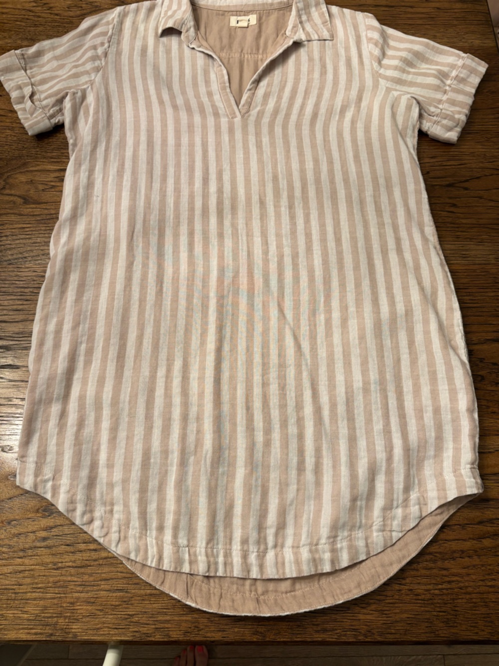 Pact Organic Cotton Shirt Dress Beige Pink Stripe Medium Relaxed Coastal Tunic - Picture 9 of 14